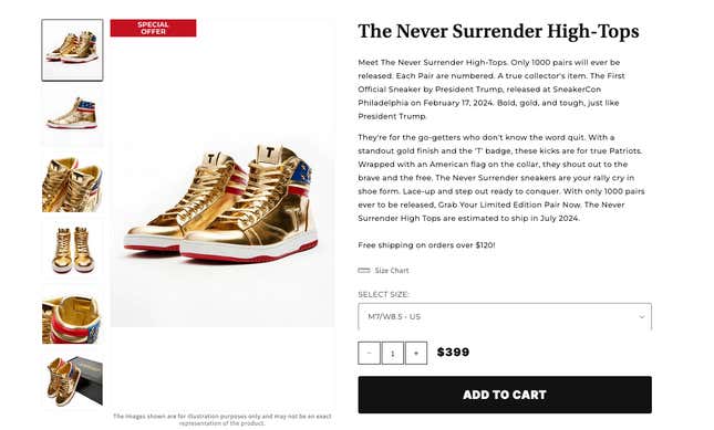 Bild für Artikel mit dem Titel Donald Trump startet Website zum Verkauf von 400-Dollar-Sneakern, behauptet aber, es sei „nicht politisch“